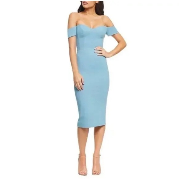 Dress The Population Bailey Off The Shoulder Dress Size Large in Seabreeze Blue - Picture 1 of 15